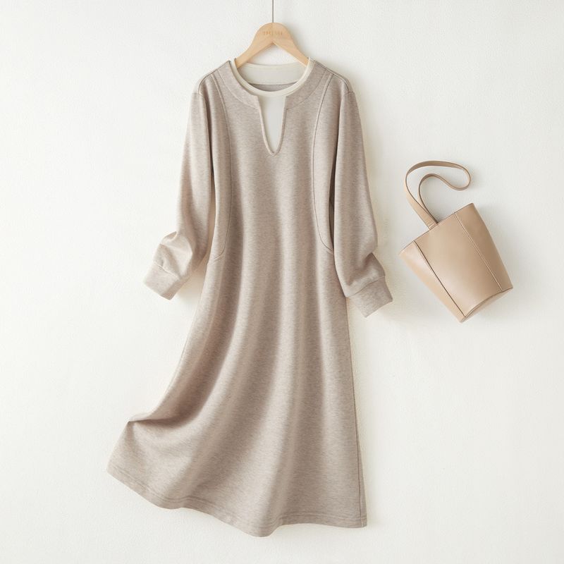 

Ihimi Sea Quiet Small Patchwork Sweatshirt Dress Female 2025 Fall New Arrival Loose Casual Straight-Leg Dress Oatmeal XL