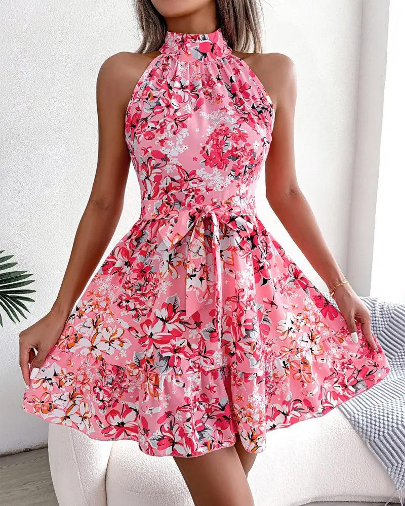 Summer Sleeveless Floral Neck Waist Dress Women