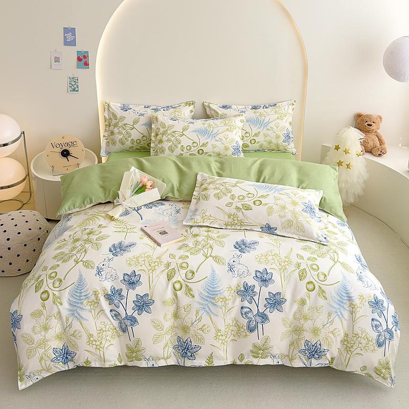 Class A Maternal Infant Grade Small Fresh Pure Cotton Abraded 4-Pcs Set, Skin-Friendly Bed Sheet Washed Cotton Quilt Cover, Dormitory 3-Piece Set