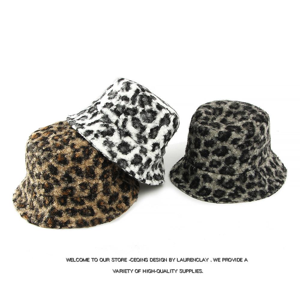 Autumn Winter Women's Leopard Fisherman Hat Lamb Plush Warm Basin Hat Sun Protection Cap