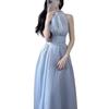 French blue neck sling dress women's summer new small seaside vacation fairy dress