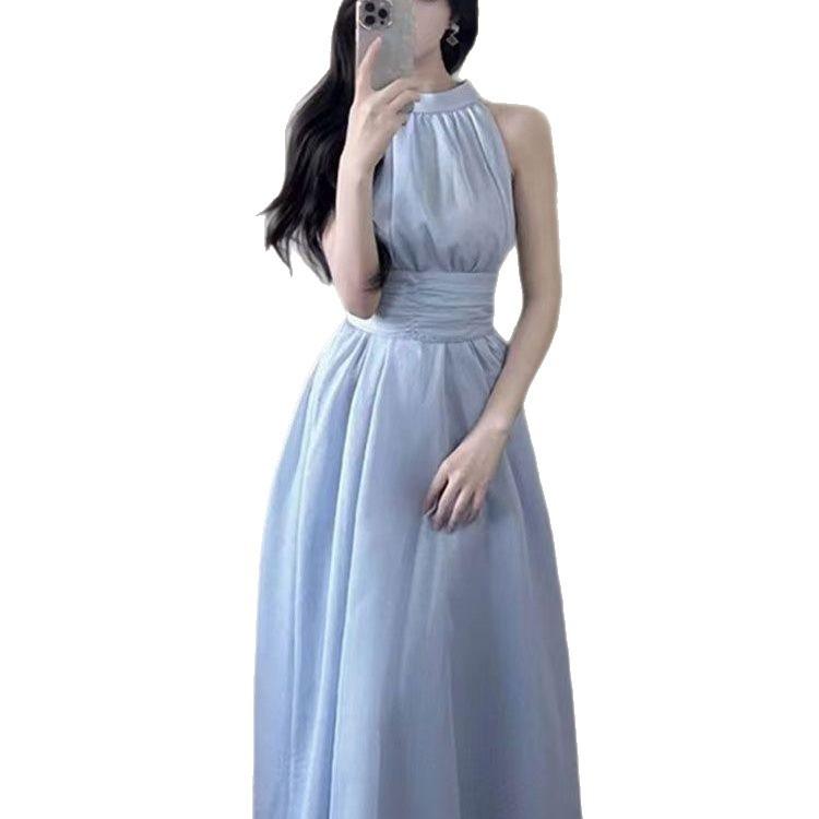 French blue neck sling dress women's summer new small seaside vacation fairy dress