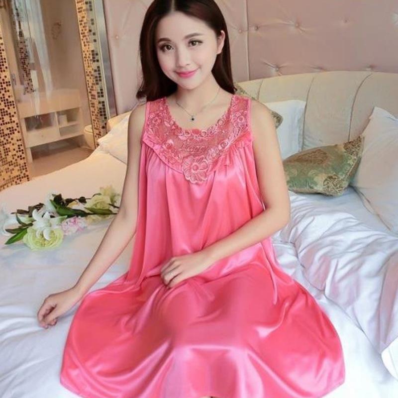 Summer Imitation Silk Nightgowns Women Sexy Sleepwear Nightwear Female Spaghetti Strap Underwear Lace Breathable Homewear