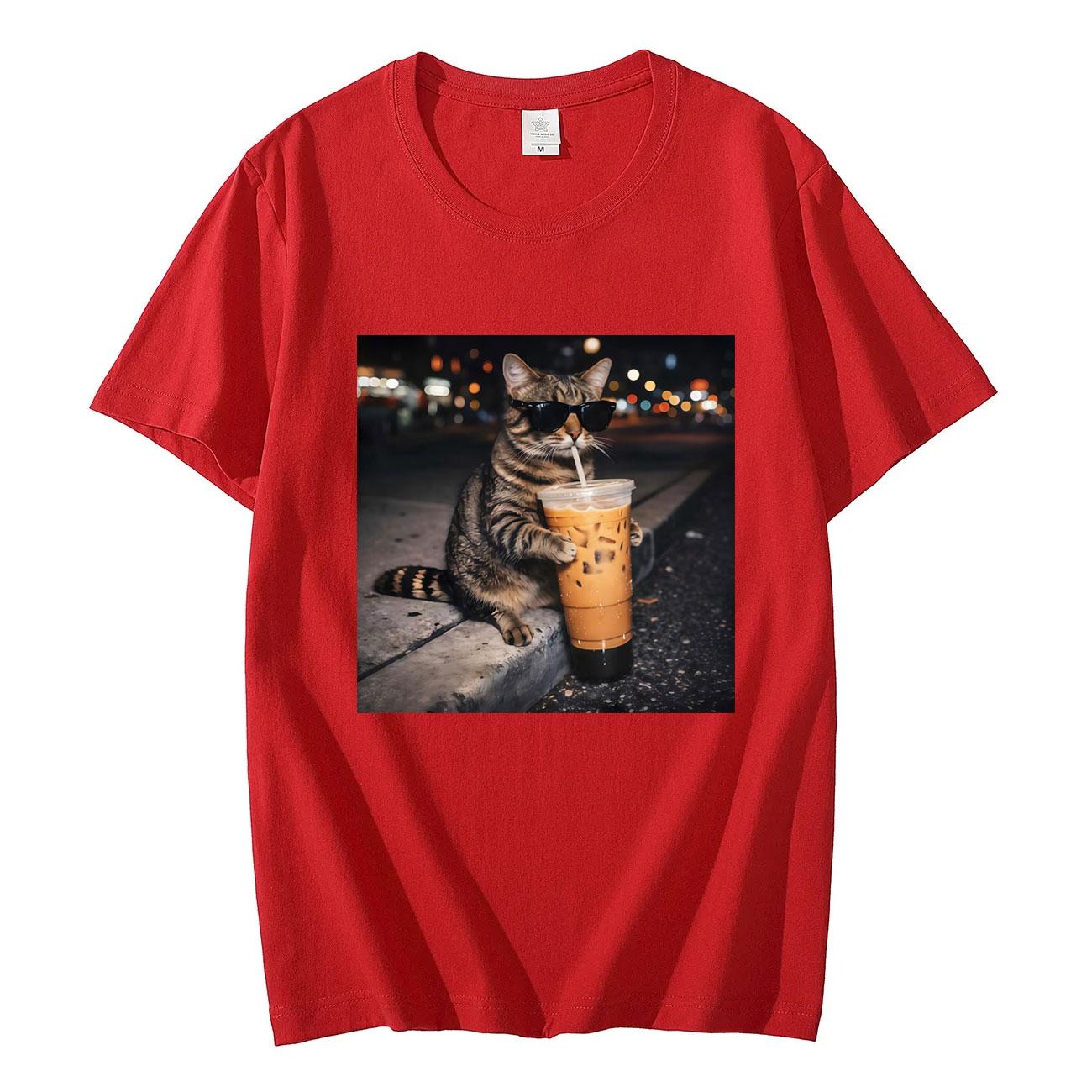 

Funny Cat Drinking Coffee Meme Graphic T Shirts High Quality Fashion Short Sleeve Tshirts Men Women Casual Loose Cotton Tshirt S