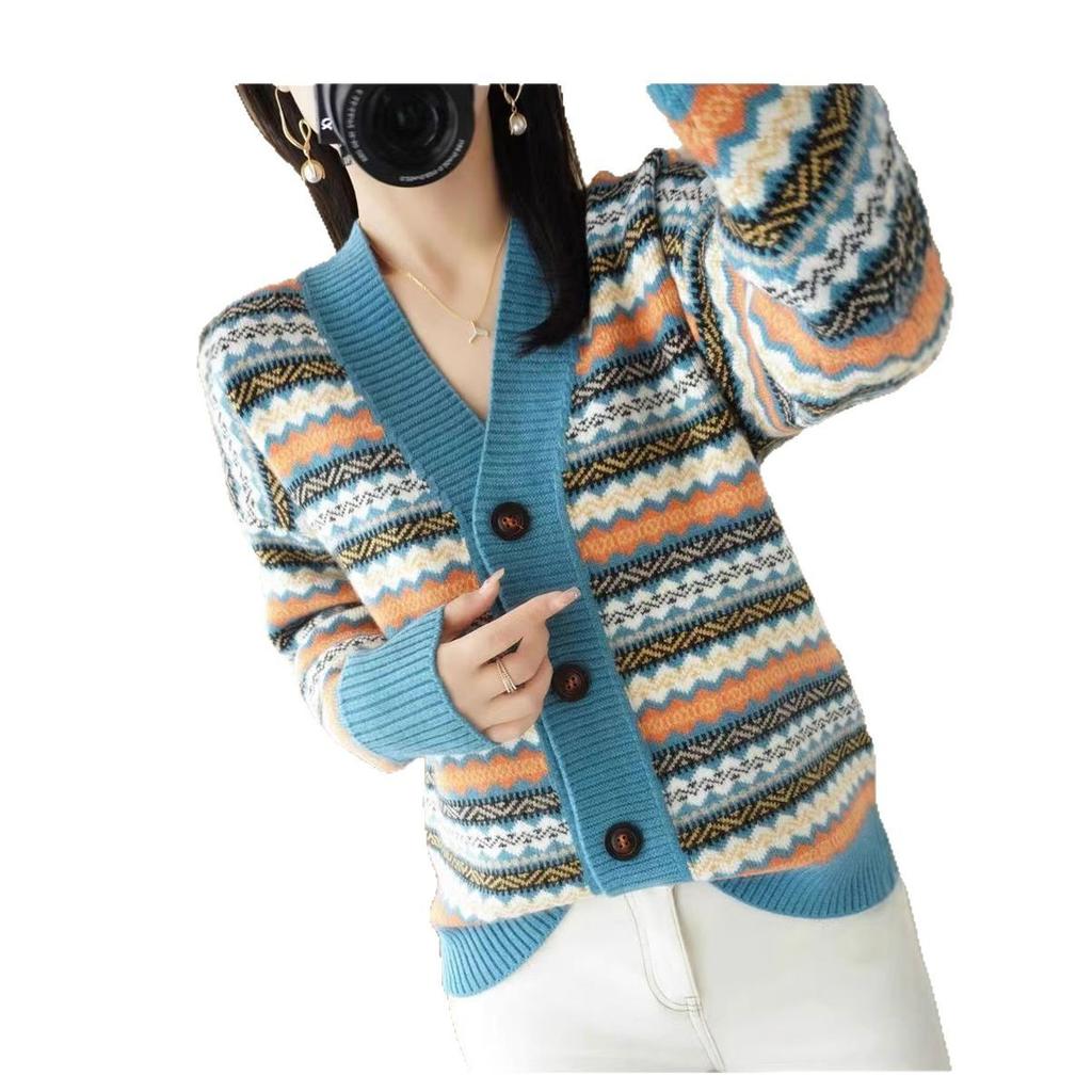 Autumn and Winter Foreign Style Striped Retro Jacquard Long-sleeved Knitted Cardigan Fashionable V-neck Contrasting Color with Loose Sweater Jacket
