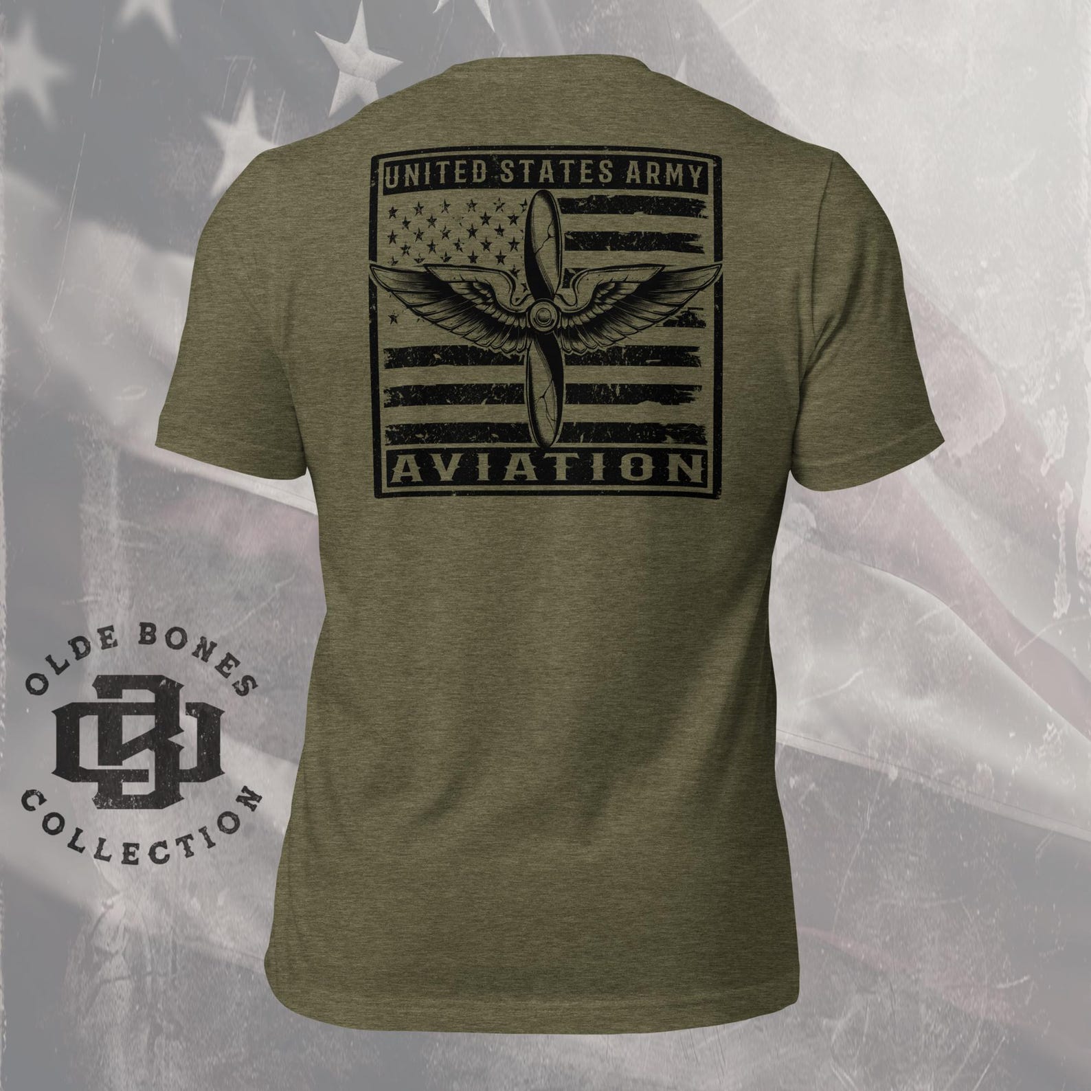 Army Aviation Insignia Flag Cotton/Polyester Blend Heather Olive Military T-Shirt L