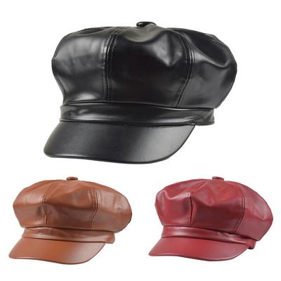 Women Vintage Faux Leather Solid Color Outdoor Beret Painter Flat Hat Peaked