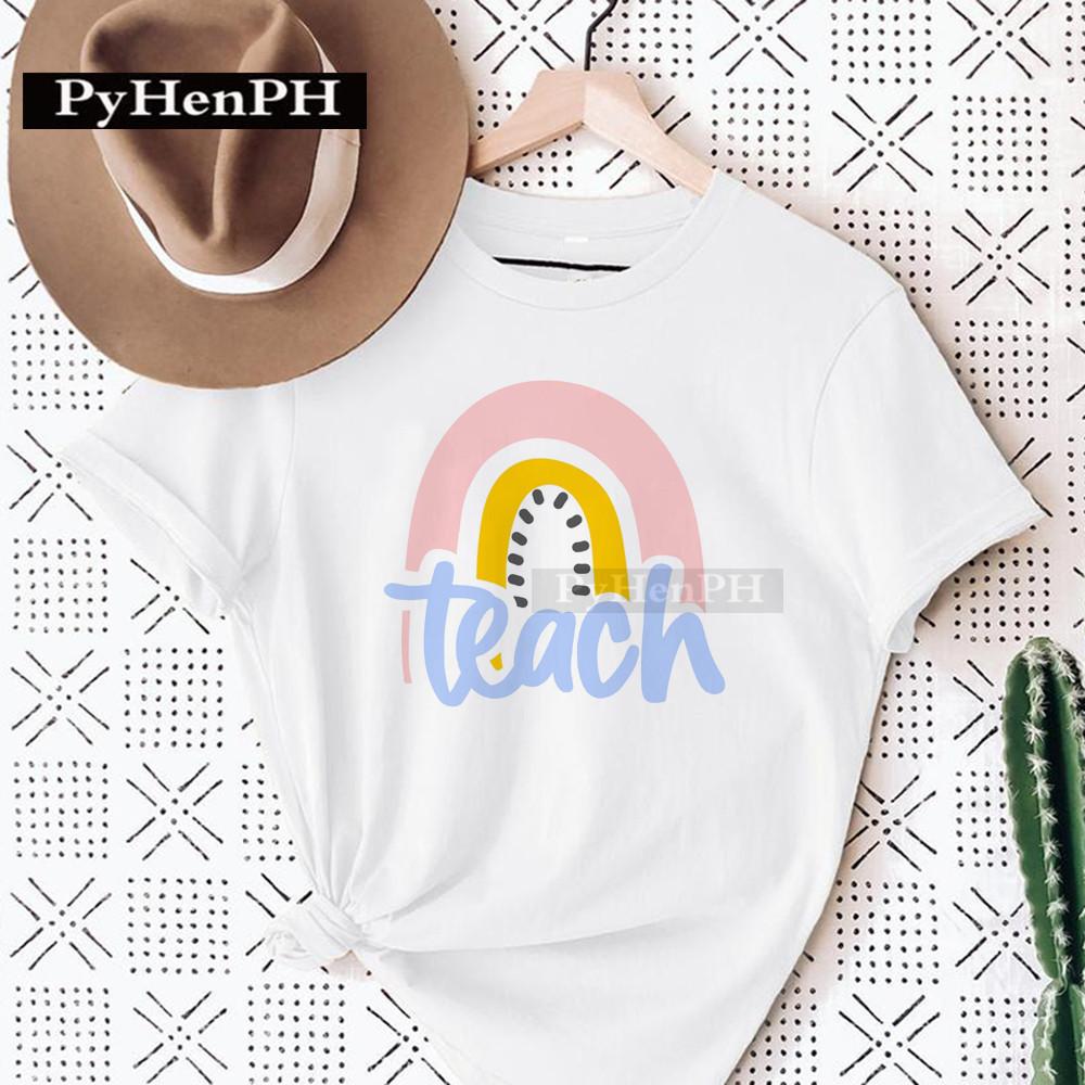 Womens Fashion Rainbow Teacher Graphic TShirt Loose Fit Casual round Neck Aesthetic Top Ins Style Modal fabric