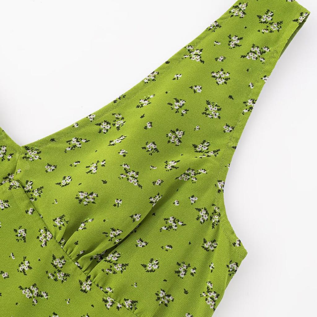 French green floral V-neck suspender dress women's summer pure desire wind ruffle leaf edge coffee break dress hip wrap dress