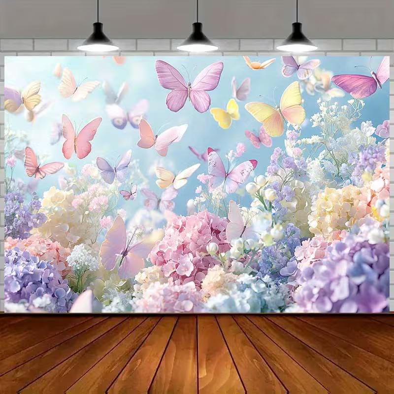Pastel Butterfly Hydrangea Floral Photography Backdrop for Birthday Party