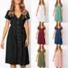 Women's Casual Solid Color Short-sleeve V-neck Pocket Buttoned A-line Dress