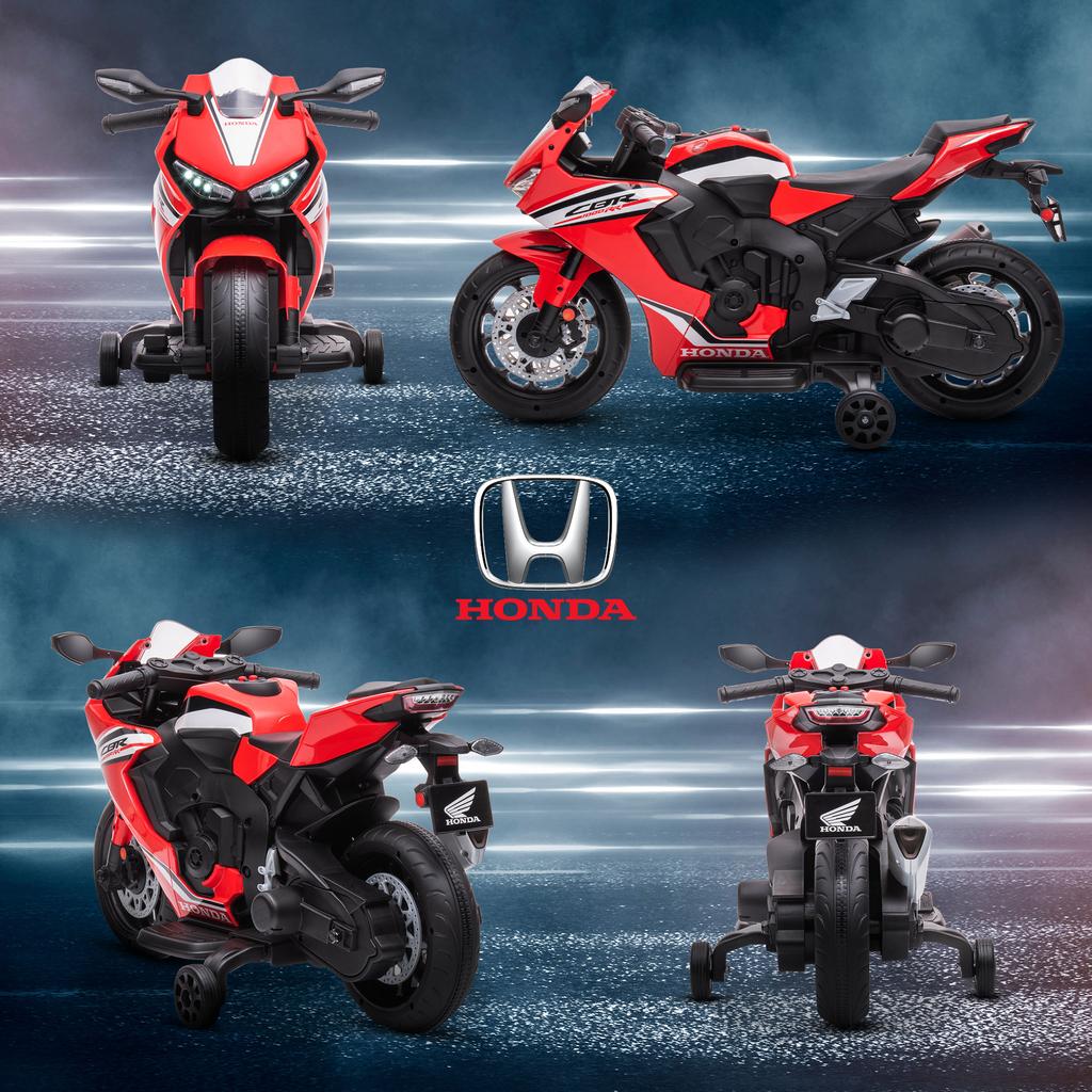 Electric Motorcycle for Children, Licensed Honda, 6 V, 3 km/h, Music, Lights, 2 Training Wheels, Red