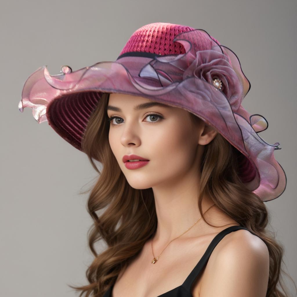 Elegant Summer Women's Sun Hat Breathable Organdy Material Foldable Design Woven Top Flower Decoration