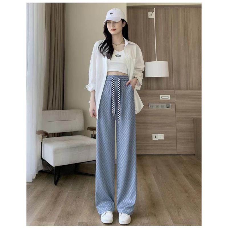 Ice Silk Wide-leg Pants for Women In Summer Thin High Waist Draping Straight Loose Casual Small Summer Plaid Pants