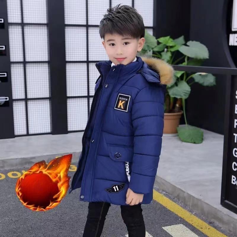 Boys' Winter Thickened Hooded Jacket Mid-length Boys' Padded Jacket Plus Velvet Korean Version of The Big Children's Padded Jacket