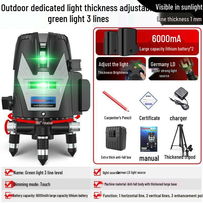 Vysoce přesná infračervená 5-liniová laserová vodováha pro stěnu a podlahu, samonivelační, zelené světlo, pro venkovní použití