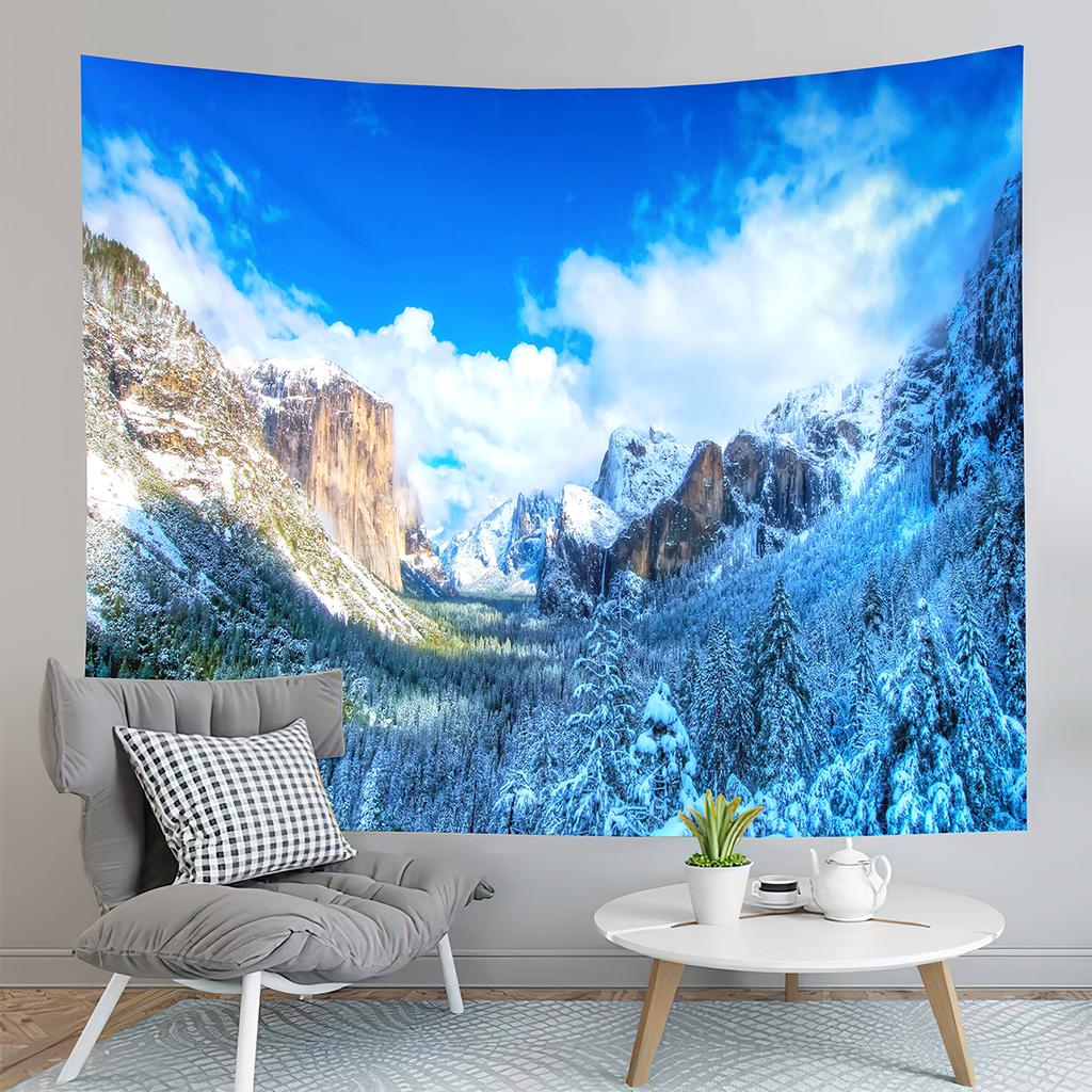 Nature Mountain Forest Tapestry Winter Snowy Tree Landscape Tapestry Wall Hanging Decor Tapestries Bedroom Home Living Room Dorm