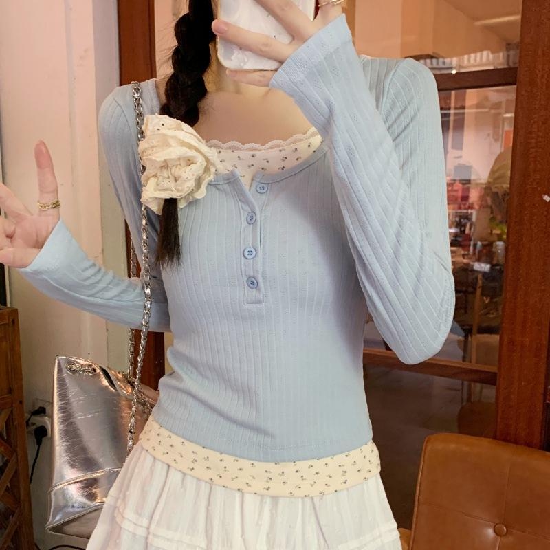 Lace U-neck floral splicing fake two-piece top spring slim-fitting sweet and spicy inner bottoming shirt long-sleeved T-shirt women