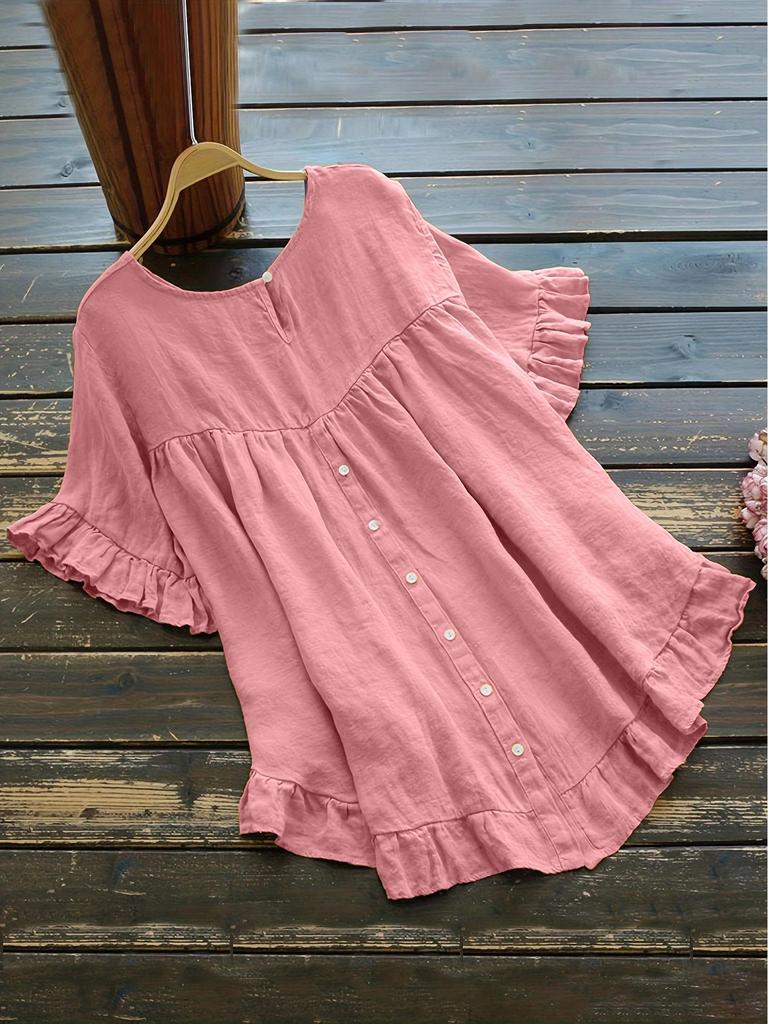 Cross2026 Women's Loose Ruffle Short Sleeve Button-Up Round Neck Shirt
