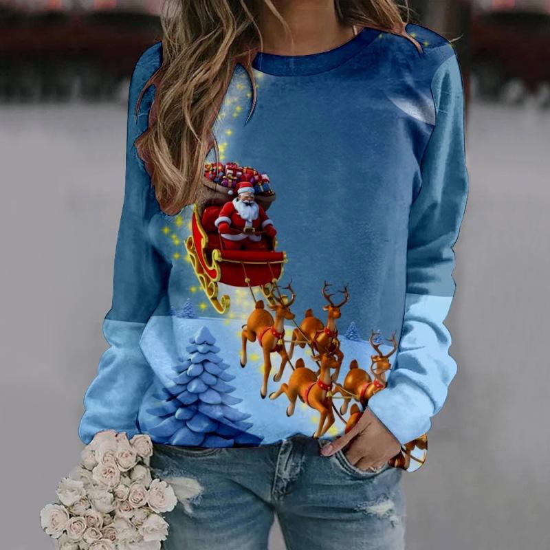 Women's Long Sleeved Pullover 3D Christmas Series Printed Personalized Fashion Round Neck Comfortable Casual Long Sleeved Pullover