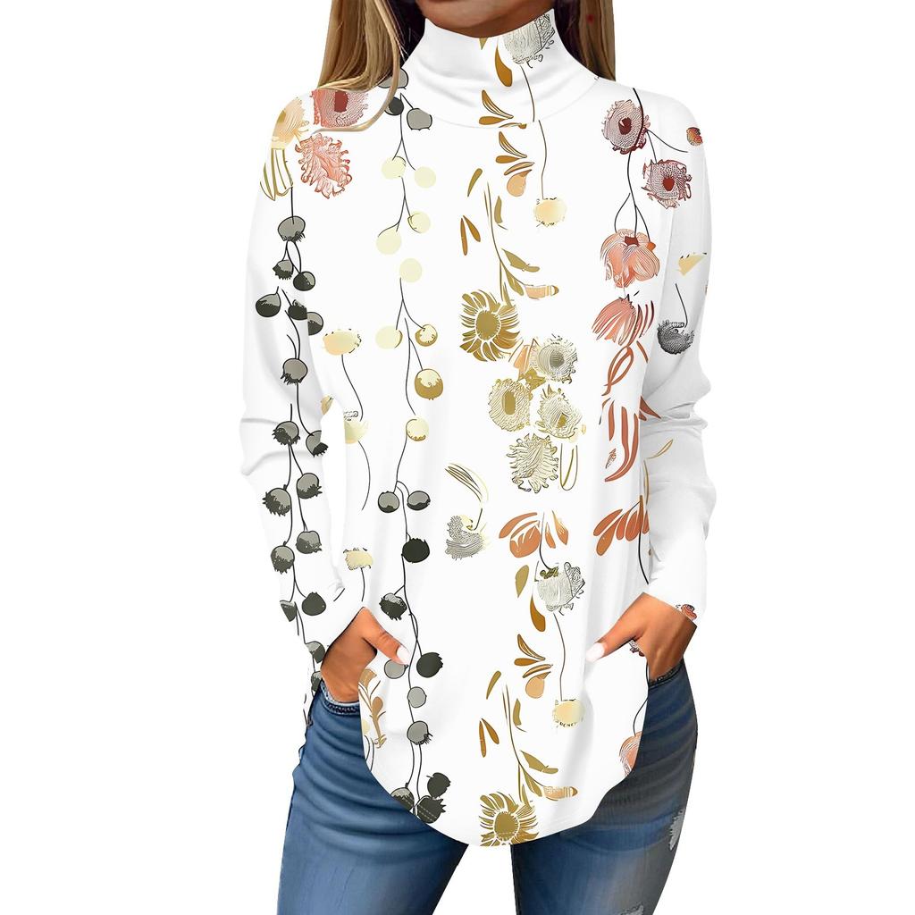 Maglietta da donna alla moda casual con collo alto e stampa a maniche lunghe
