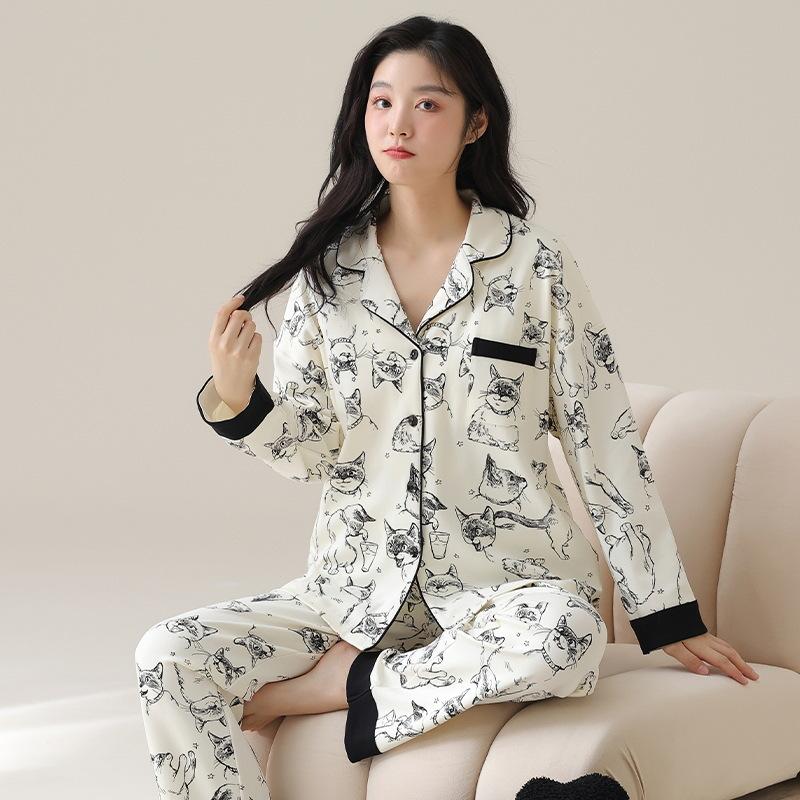 

Новая пижама для женщин, чистый хлопок для женщин, кардиган с длинными рукавами для женщин на весну и осень, с подкладкой под грудь и воротником-лацканом, комплект для дома M