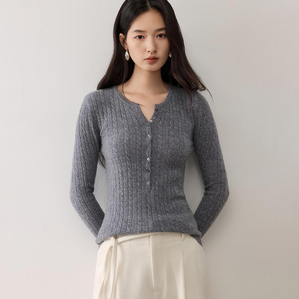 Elegant V-Neck Women's Cashmere Sweater - Cable Knit, Slim Fit, Button-Down, 2026 Autumn/Winter Collection.
