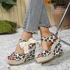 Large Size Leopard Print Wedge Sandals Summer New European and American Bow Round Head Height Increase Women's Shoes