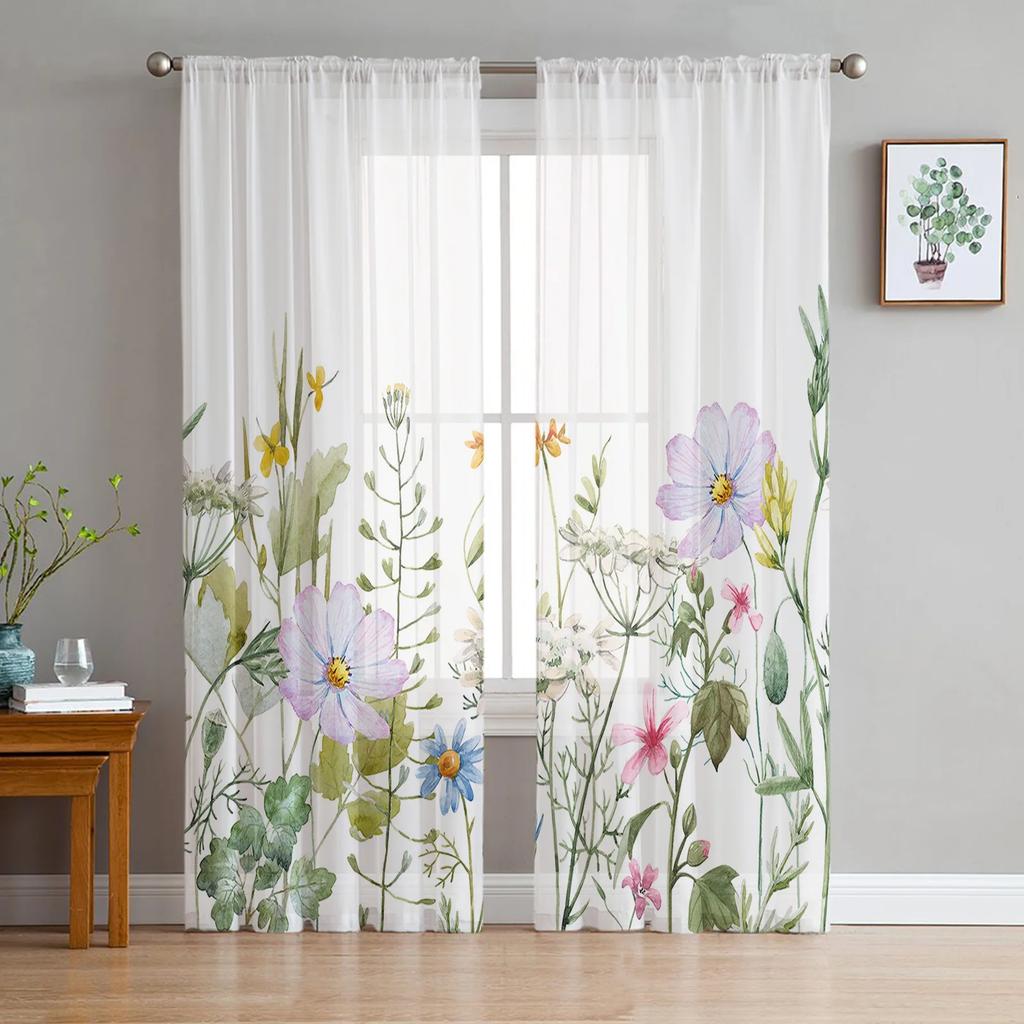 Plants Flowers Leaves Curtain Window Tulle Living Room Bedroom Kitchen Chiffon Treatment Decorations Curtains Light Filtering Made Of Polyester Area