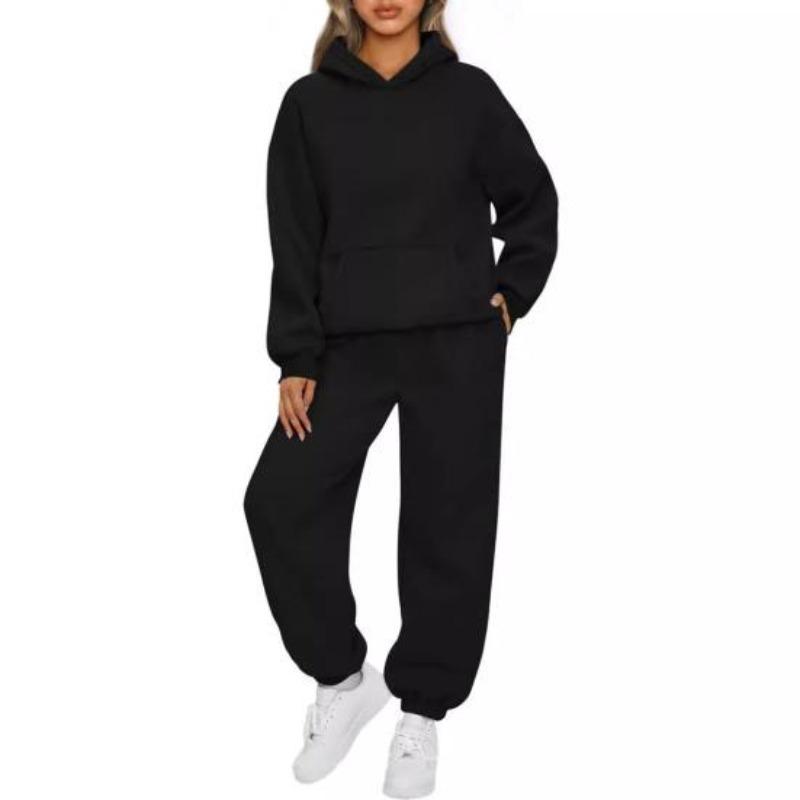 2 pezzi/set da donna, top sportivo, pantaloni, set con cappuccio, manica lunga, colore puro, felpa con cappuccio