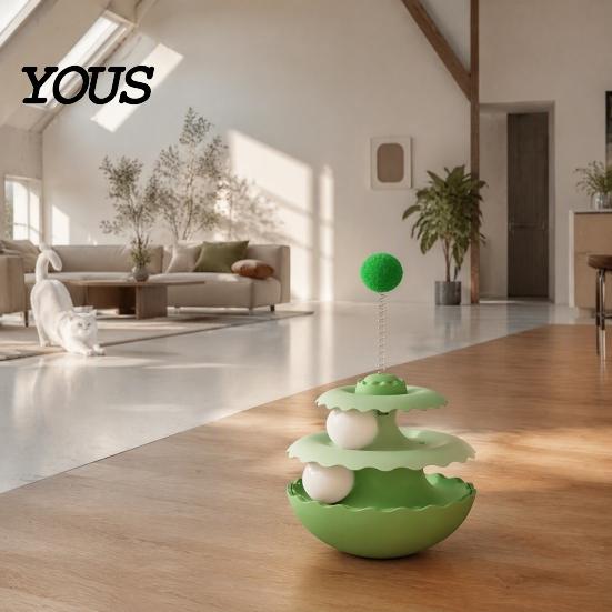 Interactive Pet Toys for Cats 2PCS Cat Tumbler Track Toy, Multi-Layer Turntable Toy Spring Powered Teaser with Plush Ball, Self Play Puzzle