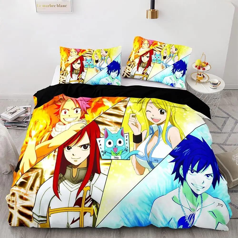 Neues Anime Fairy Tail Schwarzes Bettwäsche-Set 3D-Druck Geeignet für Schlafzimmer Bettbezug-Set Mit Kissenbezügen Kinder Heimtextilien