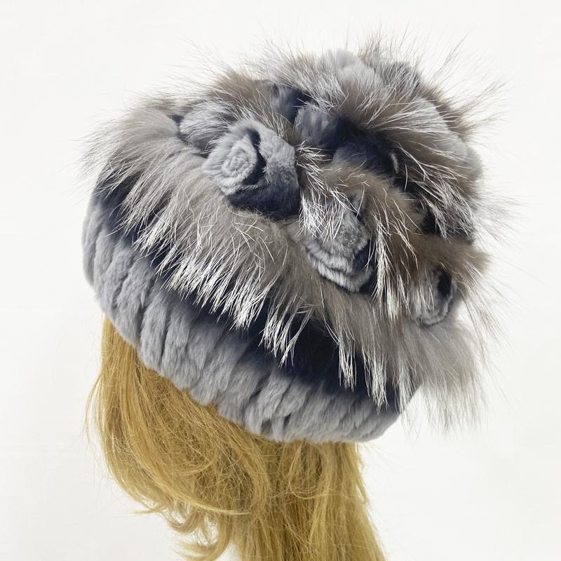 Winter Fur Hats for Women Floral Soft Rabbit Knitted Hats
