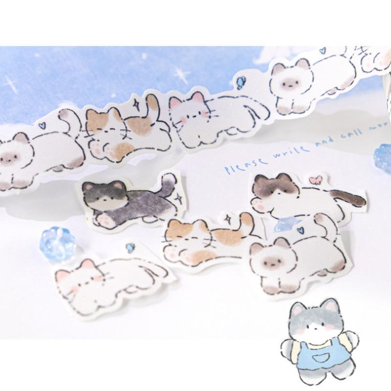 Cute Hand Drawn Cat Glitter Washi Special Shaped Tape For Diy Journal Decoration
