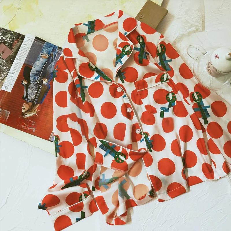 Ice Silk Women's Pajamas Set Lapel Cardigan Womens 2 Piece Outfit Set Retro Wave Point Printing Women's Home Clothes