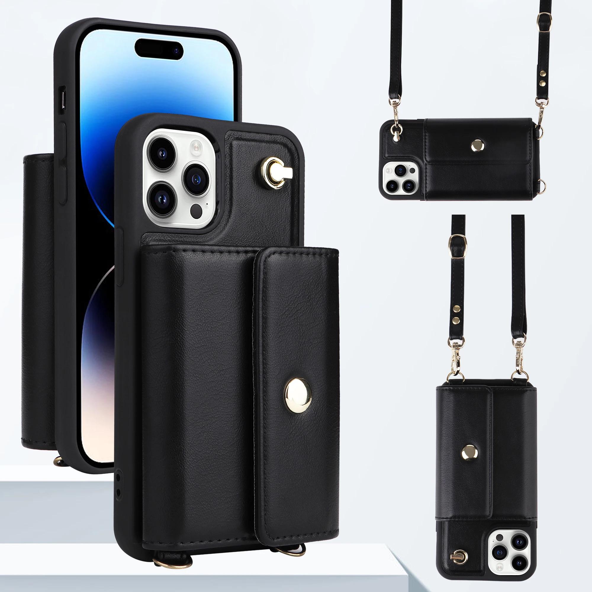 

Кошелек-сумка через плечо с отделениями для карт, кожаный чехол для IPhone 14 15 Pro Max 13 12 11 XR XS 7 8 SE 2022, держатель с длинным ремешком, чехол-сумка For iPhone 7 8 чёрный