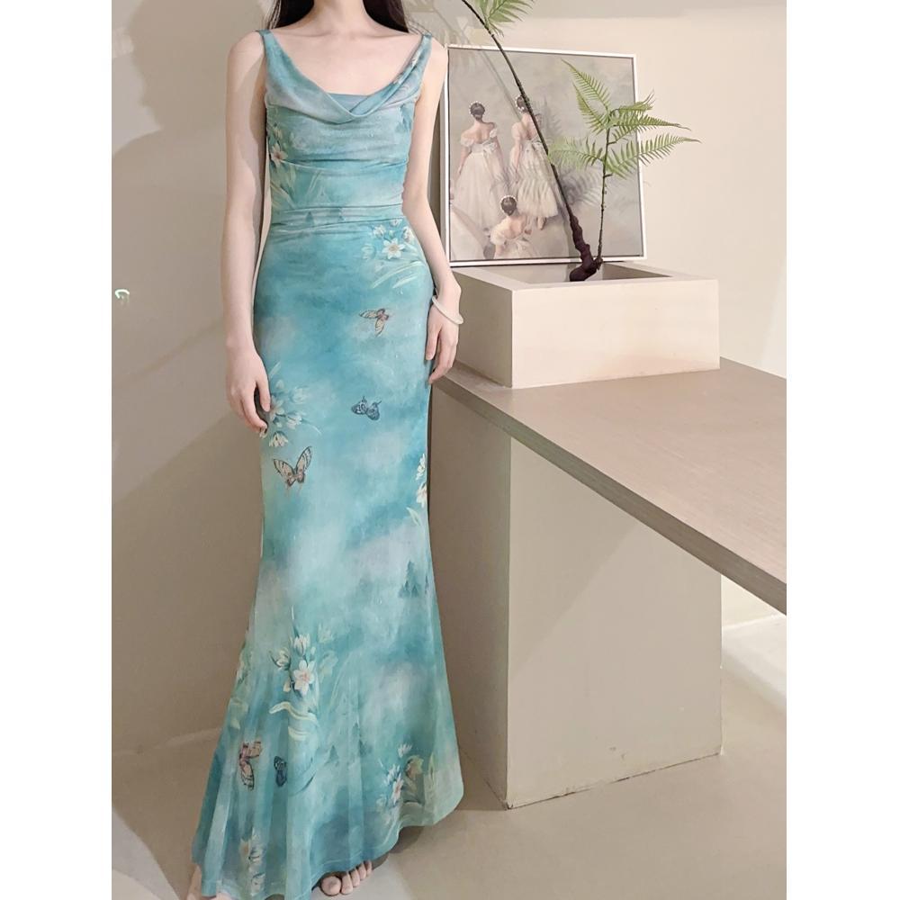 Butterfly Print Swing Collar Suspender Dress Women's Summer Slim Waist Fishtail Dress Spice Girl Vacation Hip Skirt