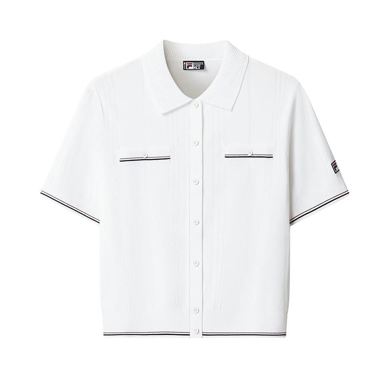 FILA HERITAGE Fashion Minimalist Classic Retro Elegant Versatile Comfortable Woven Short Sleeve Knit Top Women Cloud White F11W628412FWT