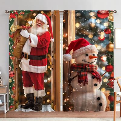 2pcs Santa Claus and Snowman Printed Curtain for Christmas Home Decor - Rod Pocket Window Treatment for Bedroom, Office, Kitchen