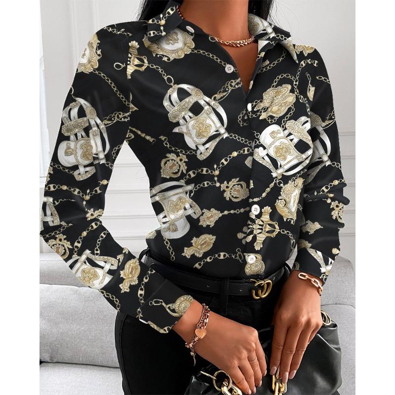 Podzimní volné dámské módní univerzální košile s dlouhým rukávem, výstřihem do V, potiskem na knoflíky