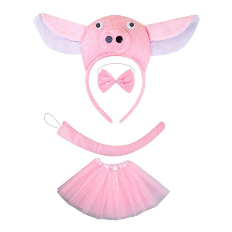 Piggy Costume Set Includes Piggy Tail Headband Bowtie Glove Skirt Halloween Piggy Role Play Outfit for Kid Cosplay