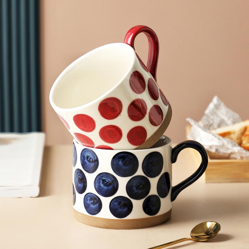 Cute Fruit Polka Dot Ceramic Mug 420ml, Hand Painted Porcelain Coffee Tea Cup, Large Capacity Breakfast Drinking Cup for Daily Use