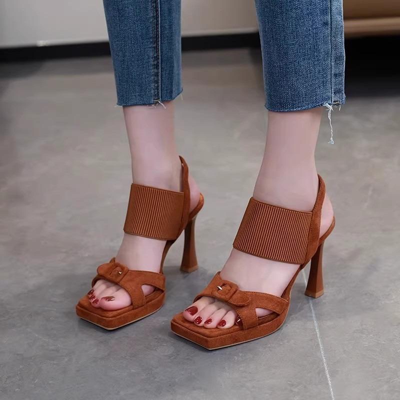 Summer new sandals square head platform open-toe buckle temperament versatile brown women's shoes stiletto high heels