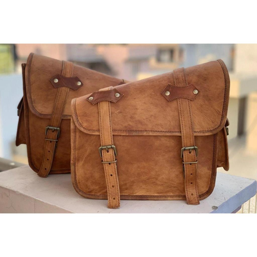 Motorcycle Leather Side Pouch Panniers Saddle Handmade Genuine Bags Saddlebag