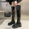 Punk Style Woman Knee-High Boots Zipper Fashion Patent Leather Long Booties  New Autumn Winter High Heel Ladies Shoes