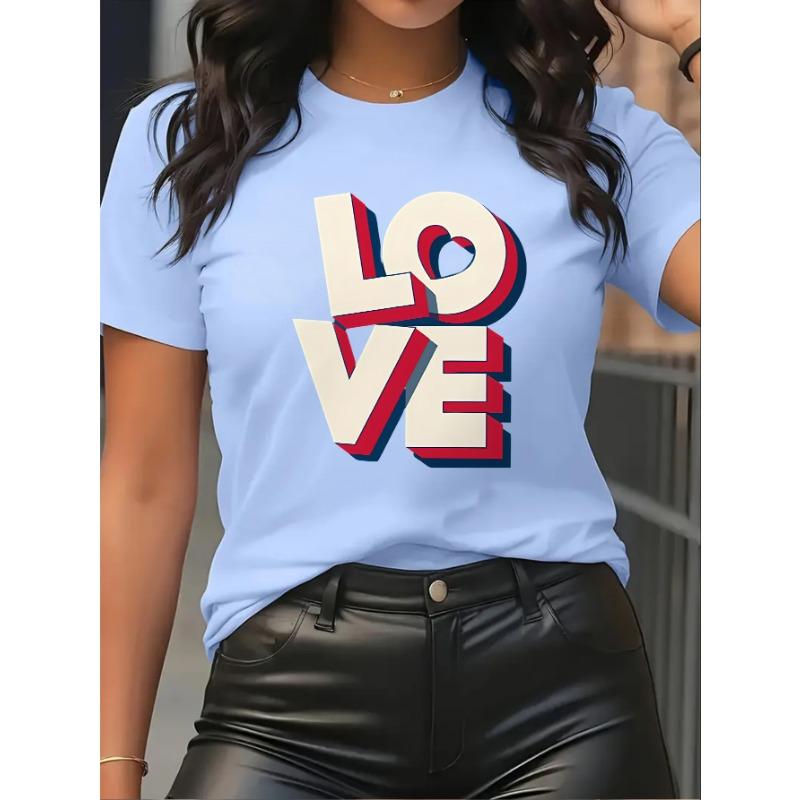 Women s fashion Y2K round neck pullover,  LOVE 3D  printed T-shirt, casual round neck top S