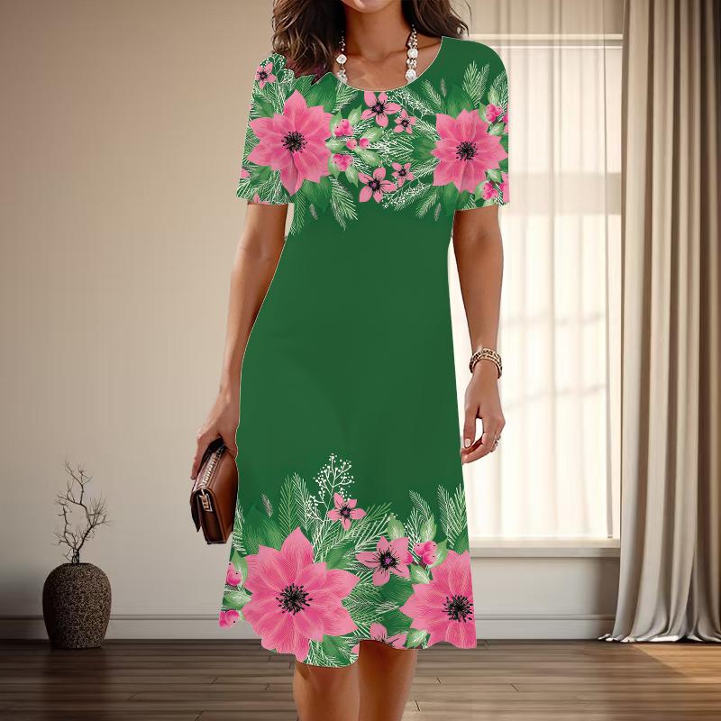 Dámské módní elegantní krásné květiny tisk letní jarní krátké rukávy O-krk ležérní šaty