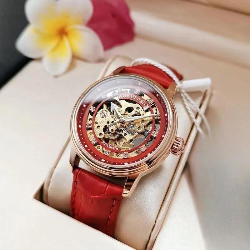 Orologio Meccanico Automatico Vuoto Incrostato di Diamanti Moda Donna Semplice Luminoso Impermeabile