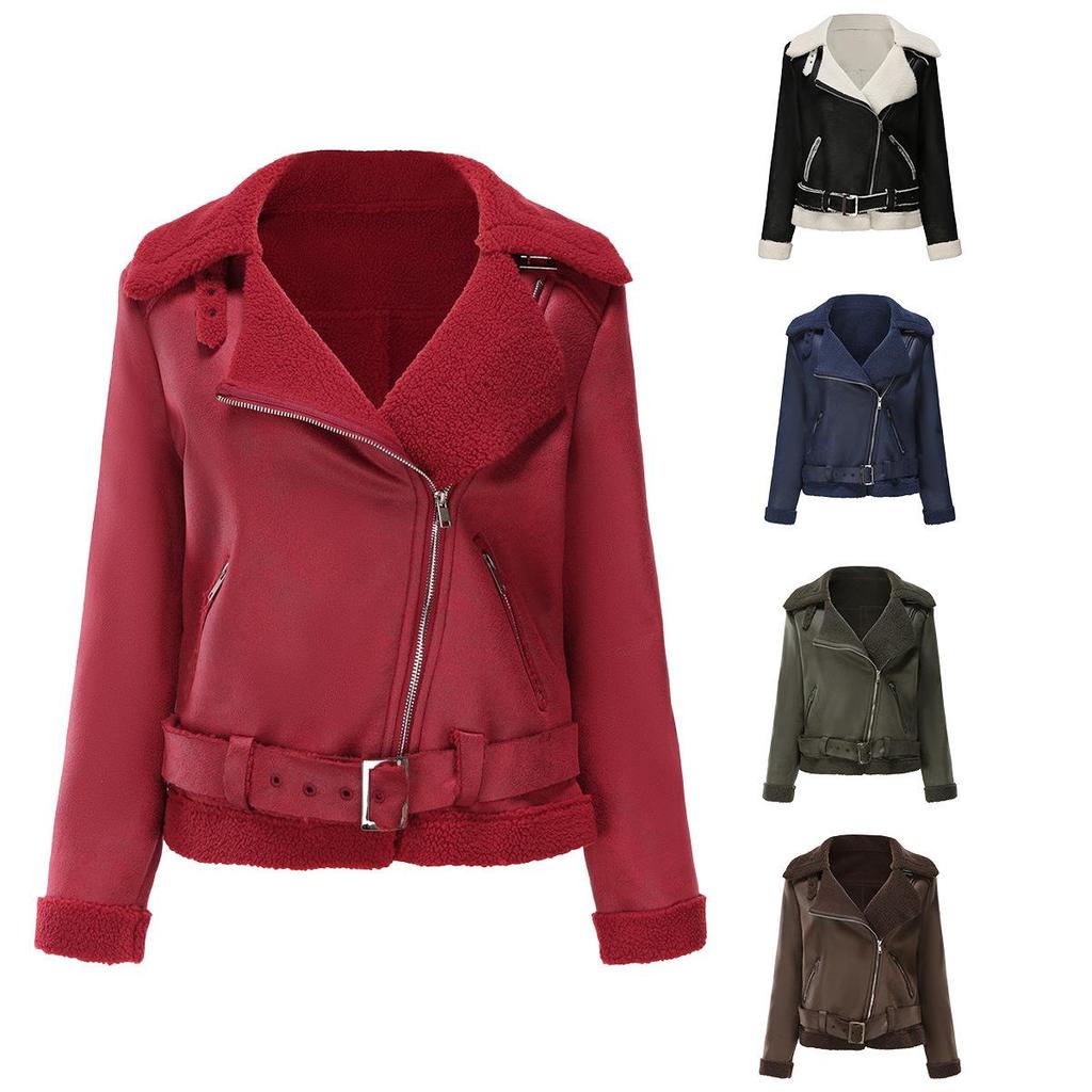 New Fashionable Ladies' Suede Jacket with Fur Lining Retro Thick Lapel Diagonal Zipper Belt Loose Women's Leather Coat