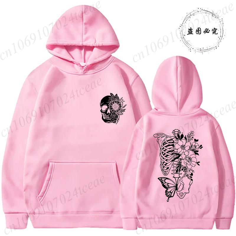Fashionable Floral Rib Cage Print Daily Women Hoodies Loose Classic Style Long Sleeve Streetwear Skeleton Black Sweatshirts Tops
